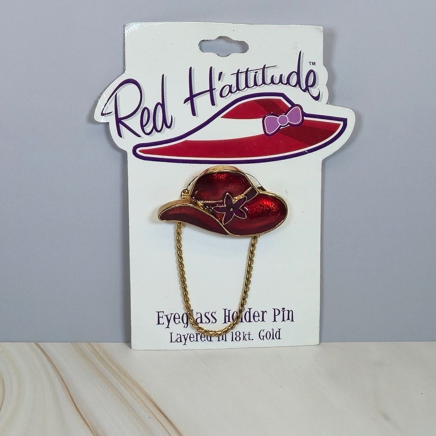 NEW 18K Gold Red Hattitude hat Society Eyeglass Holder Pin Brooch Vintage NOS