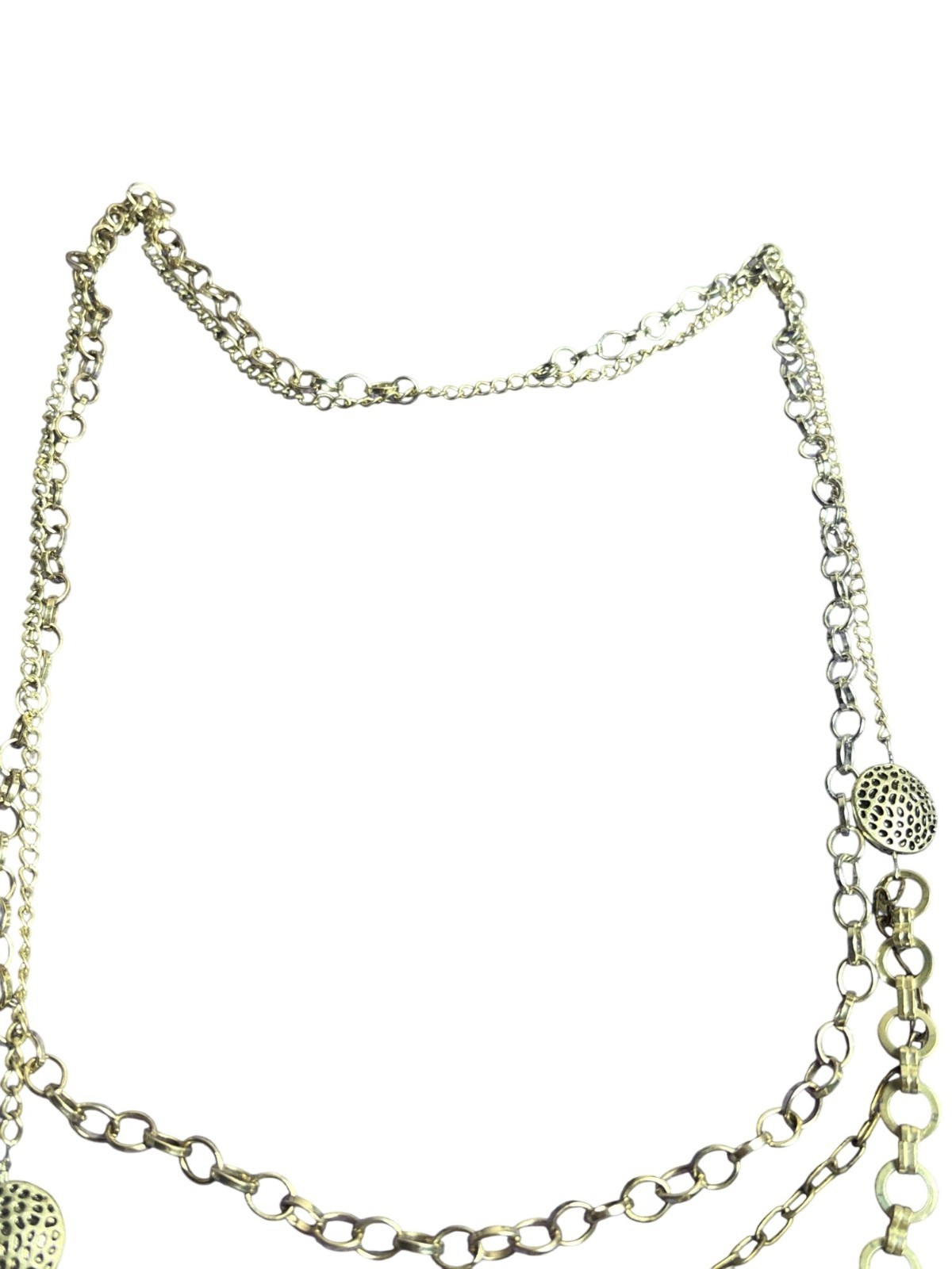 Vintage 3 Strand Silvertone Chain Necklace Textured Station Beads No Clasp
