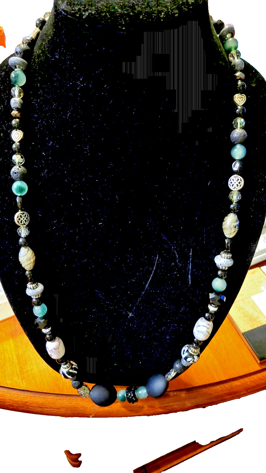 30″ necklace, rich green jadeite, black lava stone, lamp work, agate, silver.