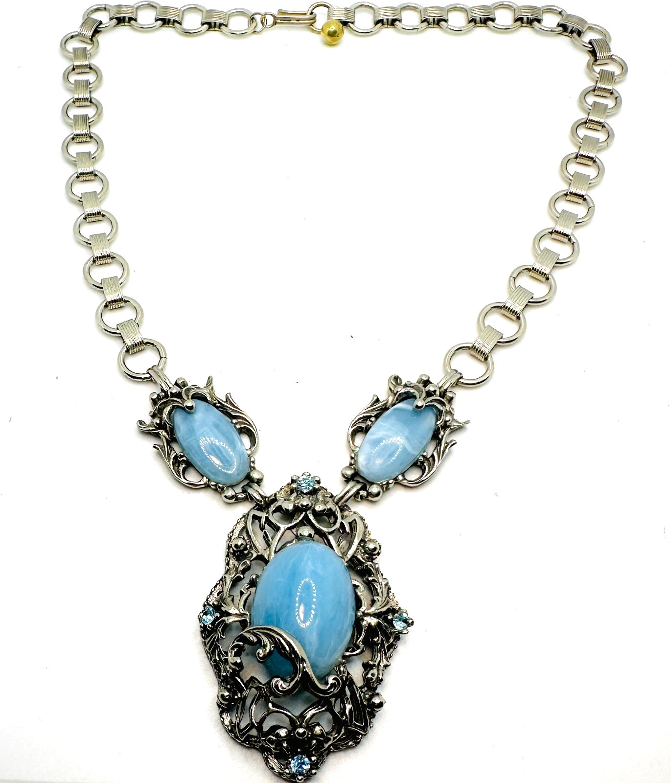 Vtg Ornate Nouveau Style SILVERTONE Faux Larimar Cabochon NECKLACE 18″
