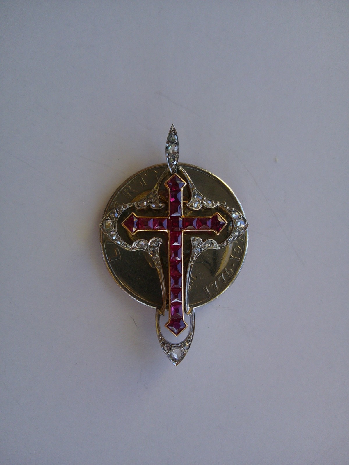 Belle Époque Art Nouveau 18K Rose Gold Platinum Diamonds Rubies Cross Pendant 🥀