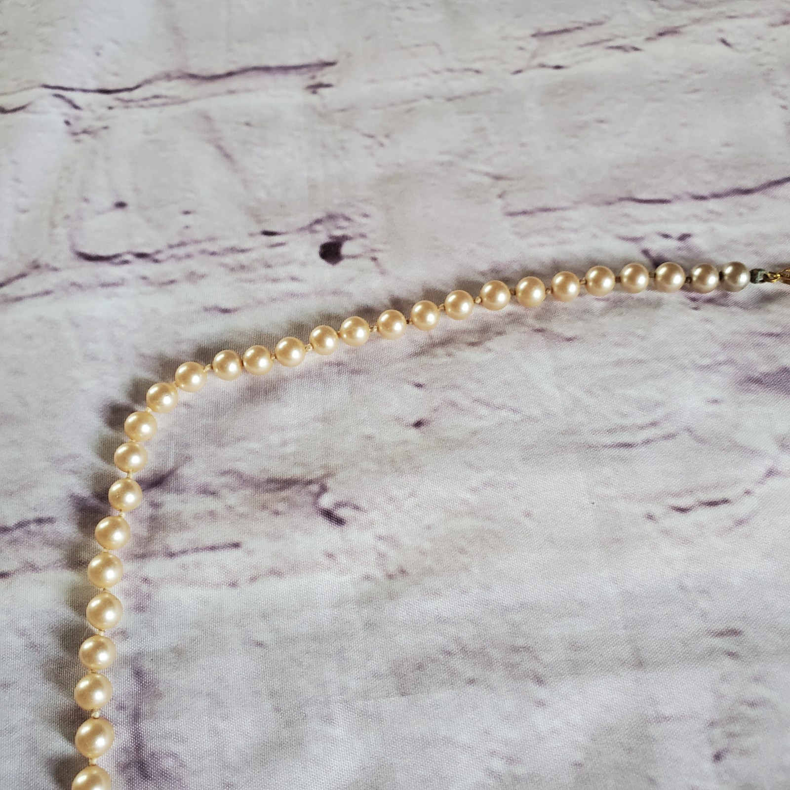 Vintage glass pearl necklace with sterling vermeil filigree clasp and hand knot