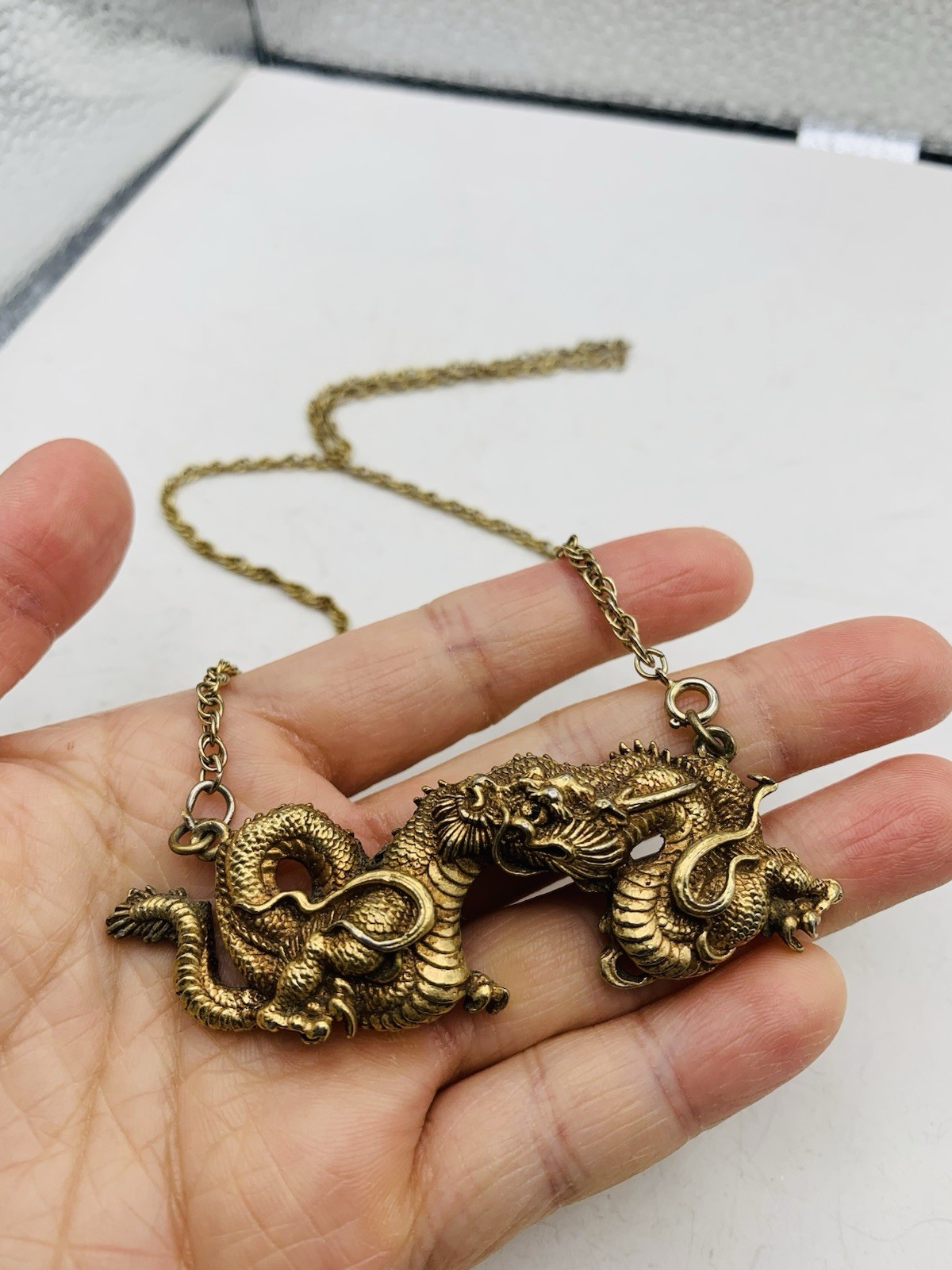 Vintage Alva Museum Replica Gold Tone Menuki Asian Japanese Dragon 18” Necklace