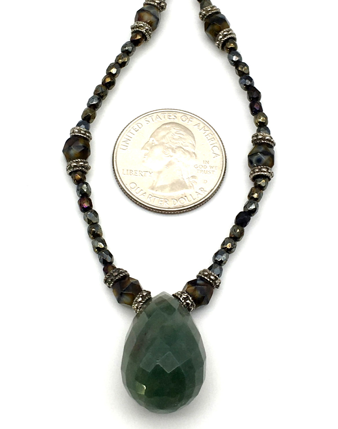 Vintage Blood Stone Pendant Crystal Hematite Czech Beads Sterling 16″ Necklace