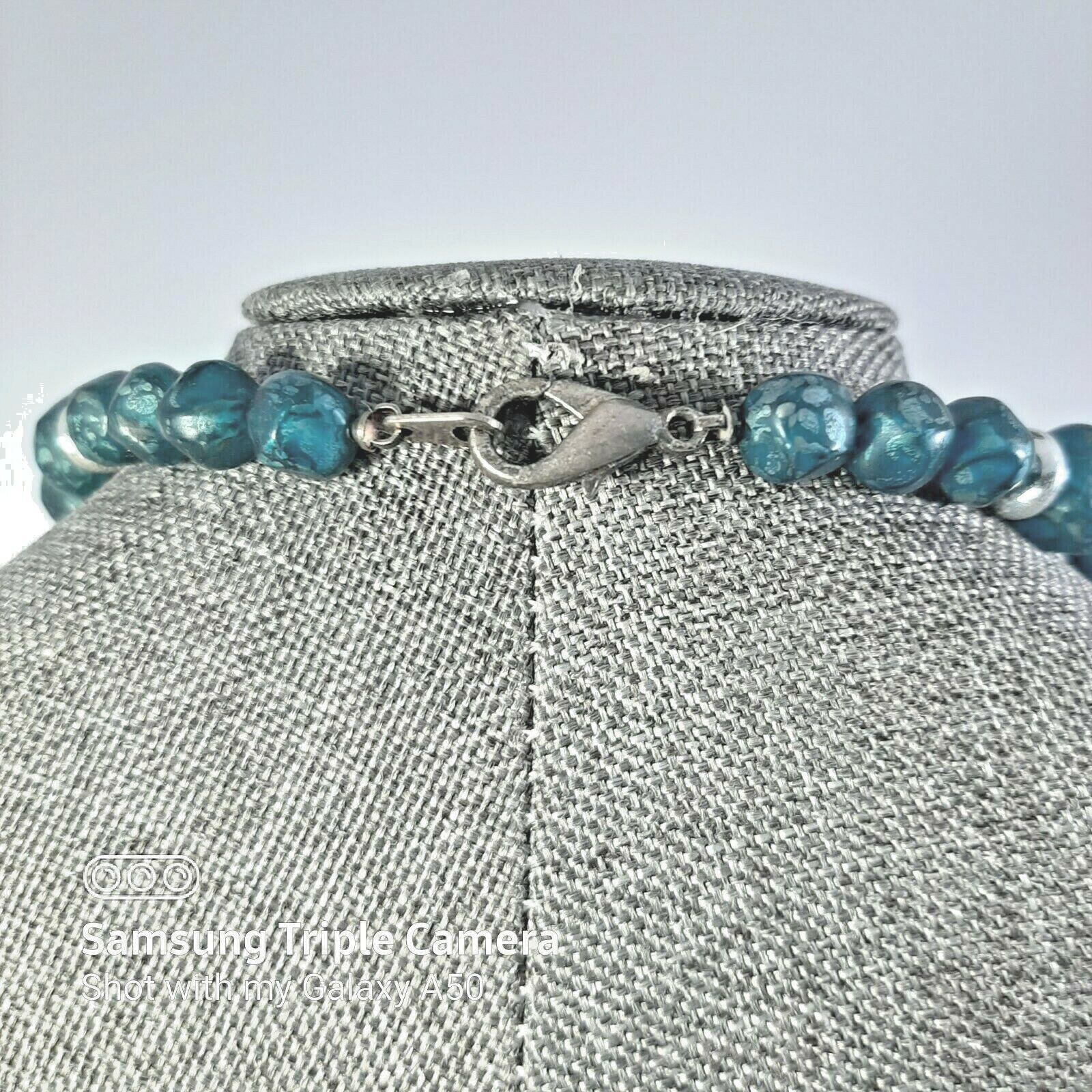 Vintage Marbled Aqua Blue Bead Long Necklace and Matching Clip On Earrings Set