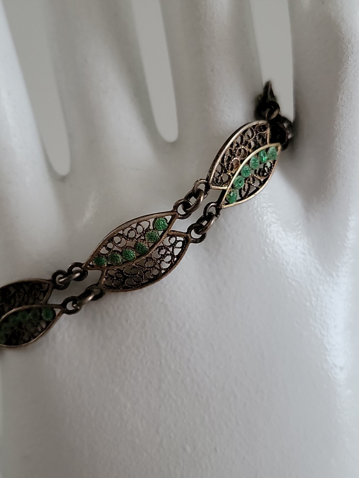 Vintage Cannetille & Green Enamel Bracelet, 6″ 800 Silver
