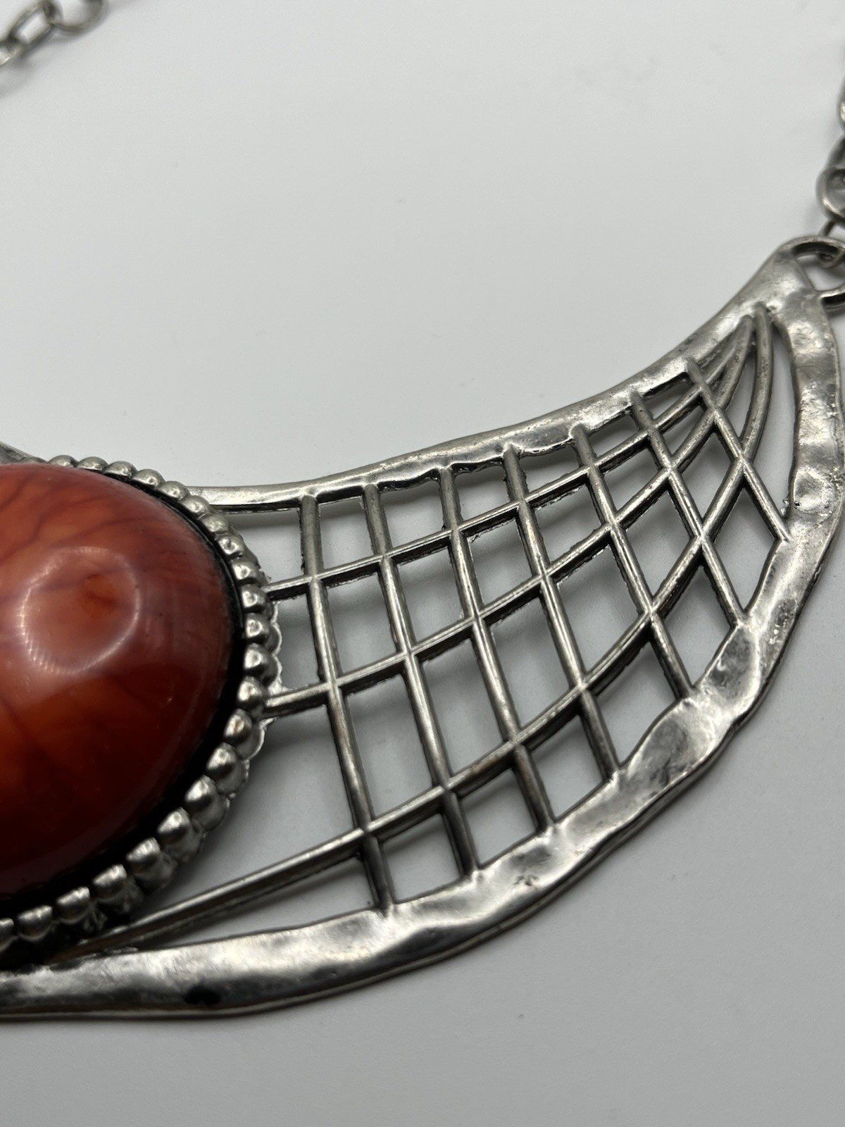 Brutalist Necklace Art Nouveau Inspired Hammered Lattice Bib Swirl Cabochon MCM