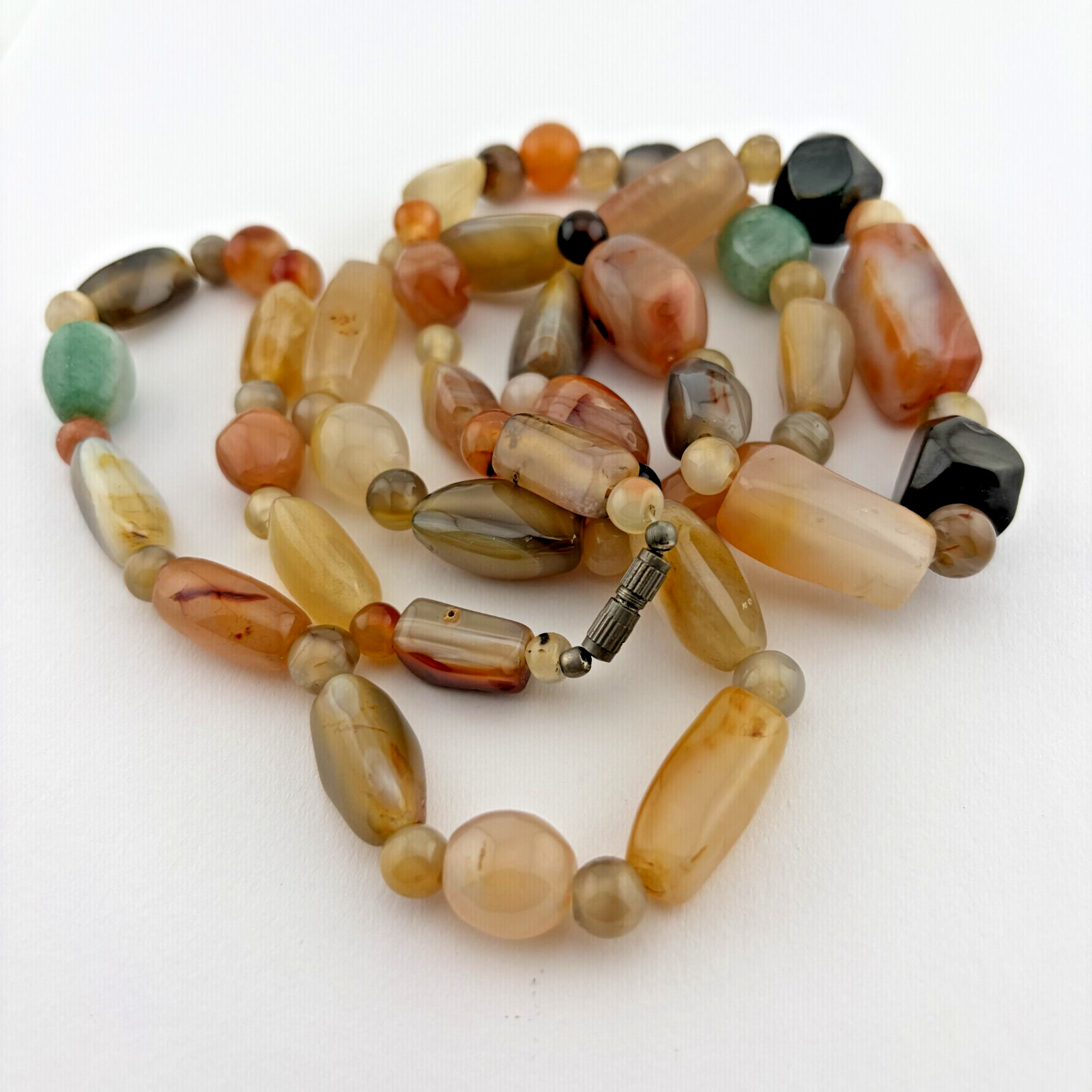 Vintage Beggar Beads Mixed Banded Agate Carnelian Stone Necklace Earthy Boho 17″