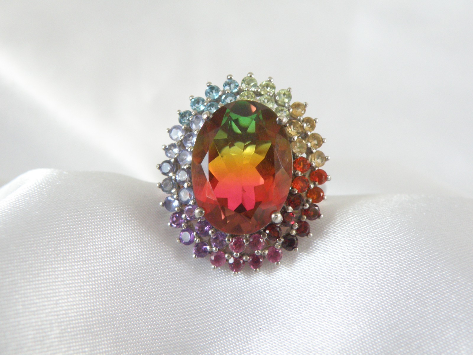 Large Sterling Silver 925 Watermelon Tourmaline Exotic Gemstone Statement Ring 8
