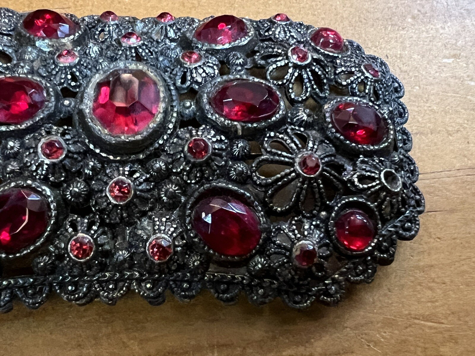 Vintage Signed NE New England Glass Works Rectangular Brooch Red Stone Floral