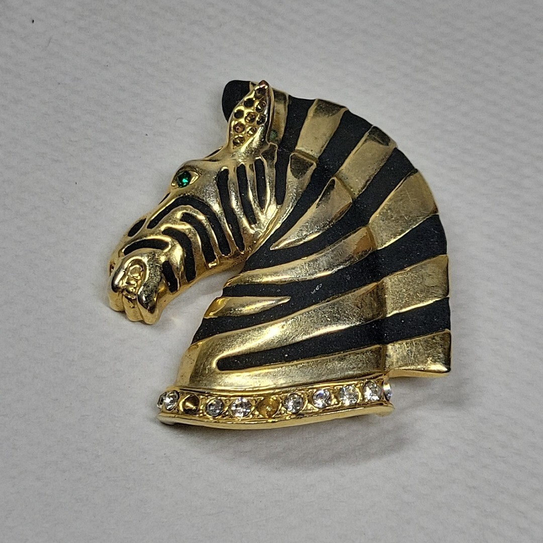 Zebra Head Pin Brooch Green Eyes Rhinestones 2”x 2” Wildlife Safari Vintage