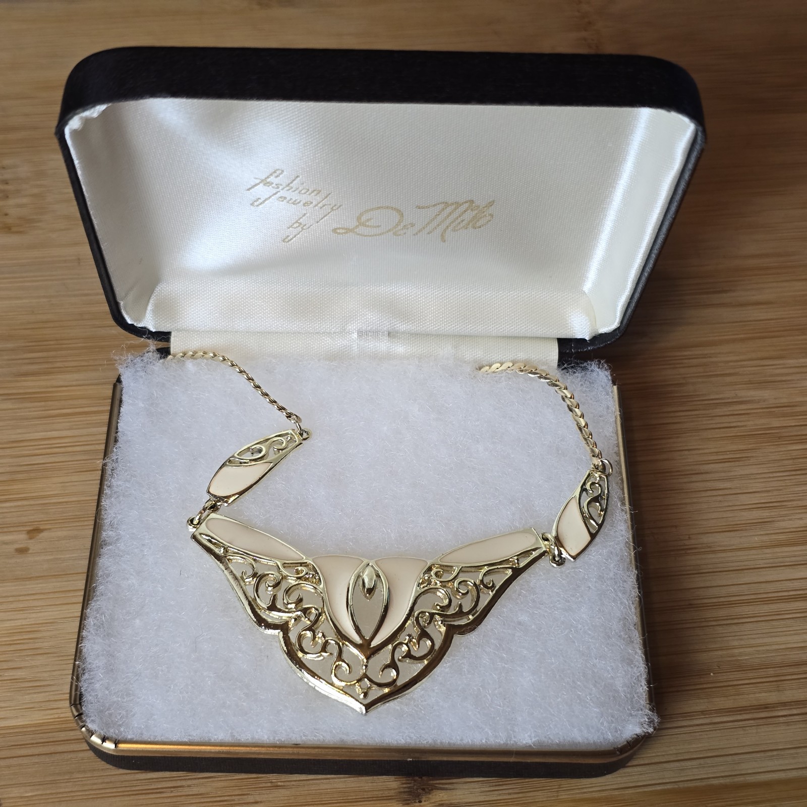 Vintage DeMilo Ivory Enamel Filigree Bib Necklace Statement Collar Art Nouveau