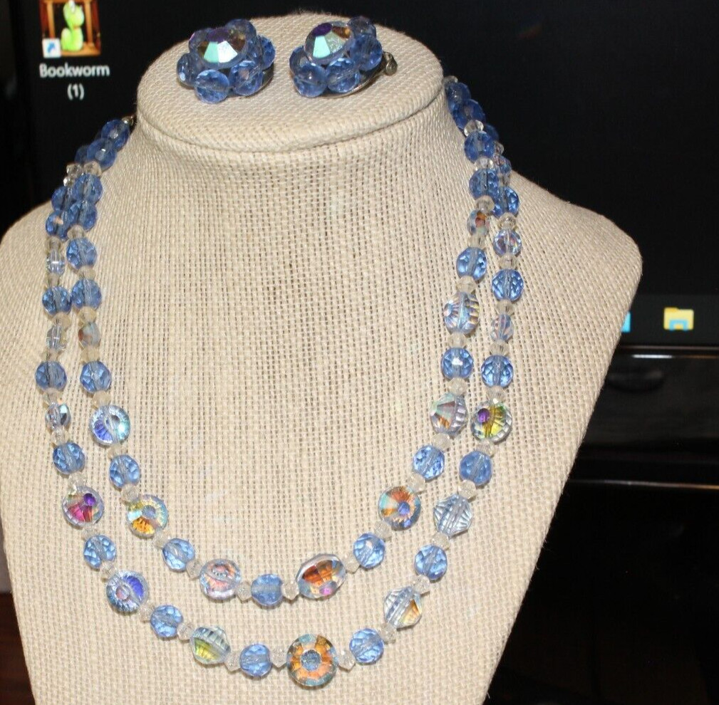 VTG AB BLUE 2 STRAND FACTED GLASS BEAD NECKLACE, BRACLET&CLUSTER CLIPS