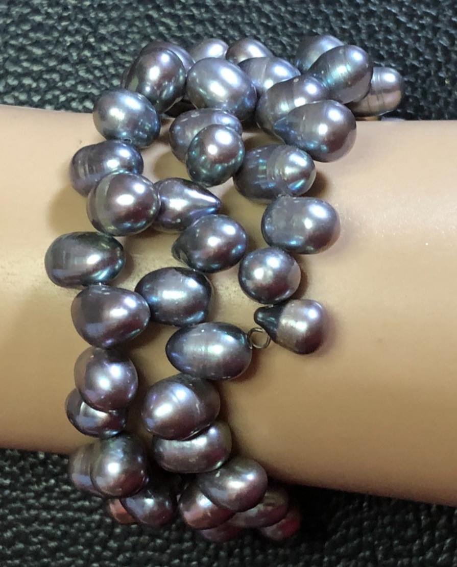 Genuine Cultured Pearl Wrap Bracelet Black Blue Purple Metallic Peacock BaroqP15