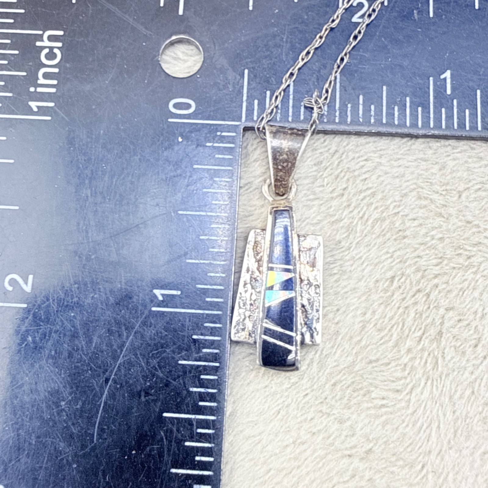 Vintage Sterling Silver Necklace Pendant Opal Inlay 19”