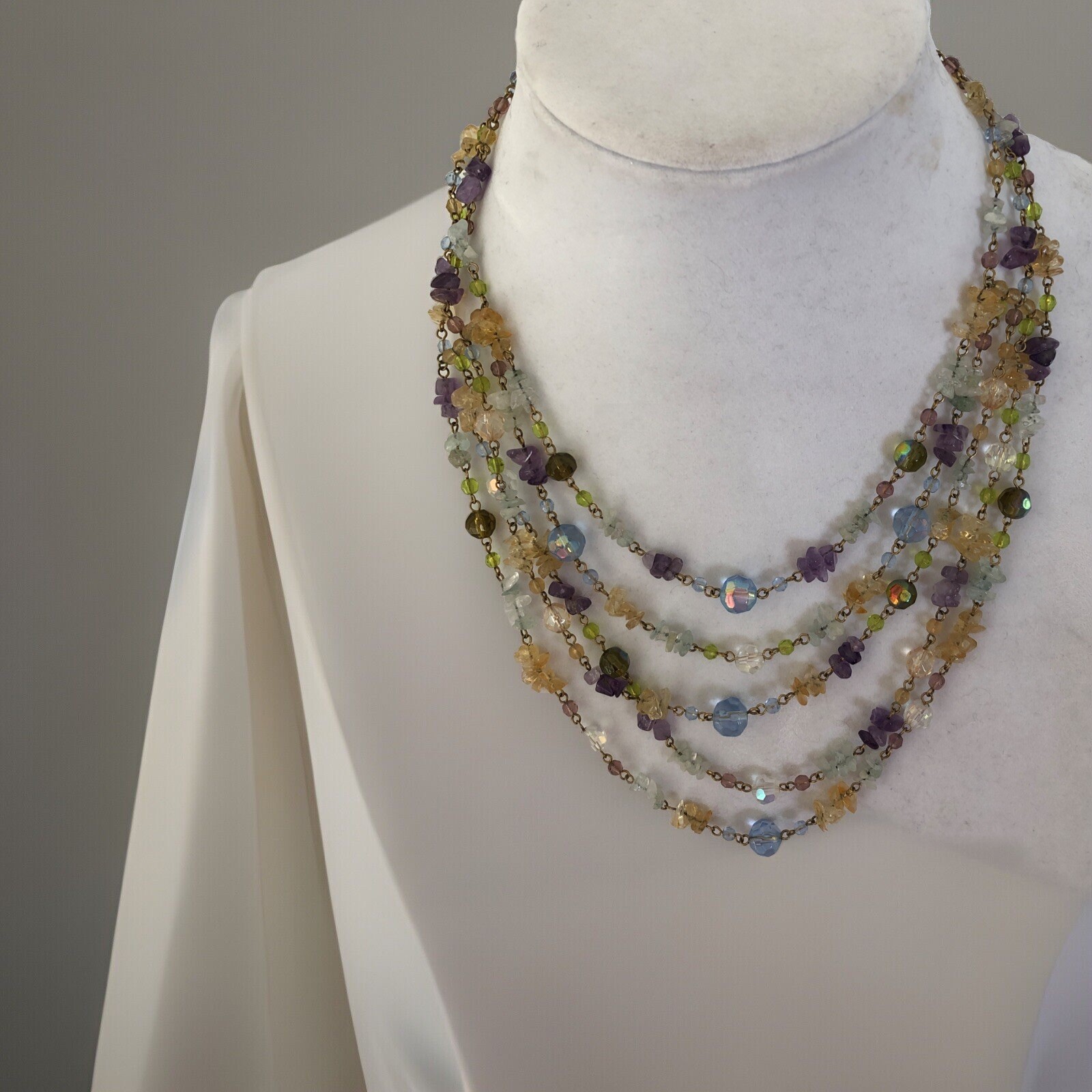 Joan Rivers Signed Multicolor Colorful Gemstones Cluster Necklace 19″  Gold Tone