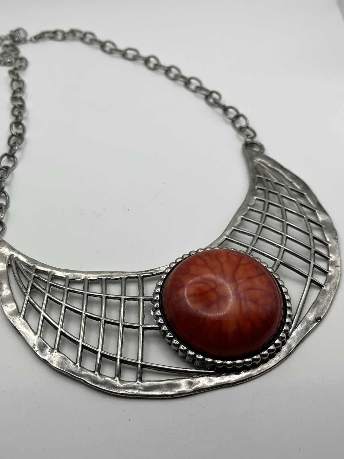 Brutalist Necklace Art Nouveau Inspired Hammered Lattice Bib Swirl Cabochon MCM
