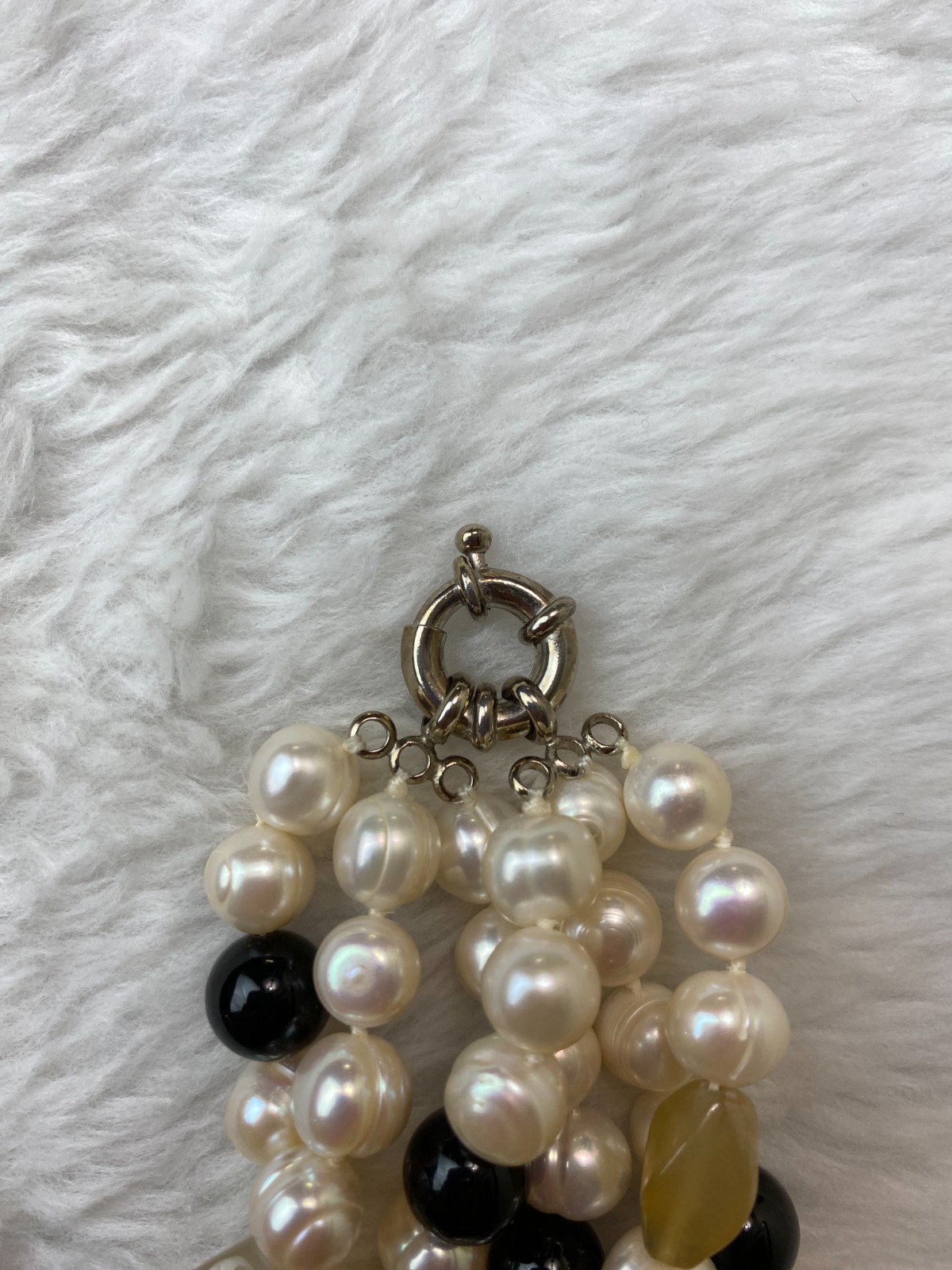 Vtg 1950s Japan Knotted Faux Pearl Multi-Strand Necklace Cream Amber Black 18″