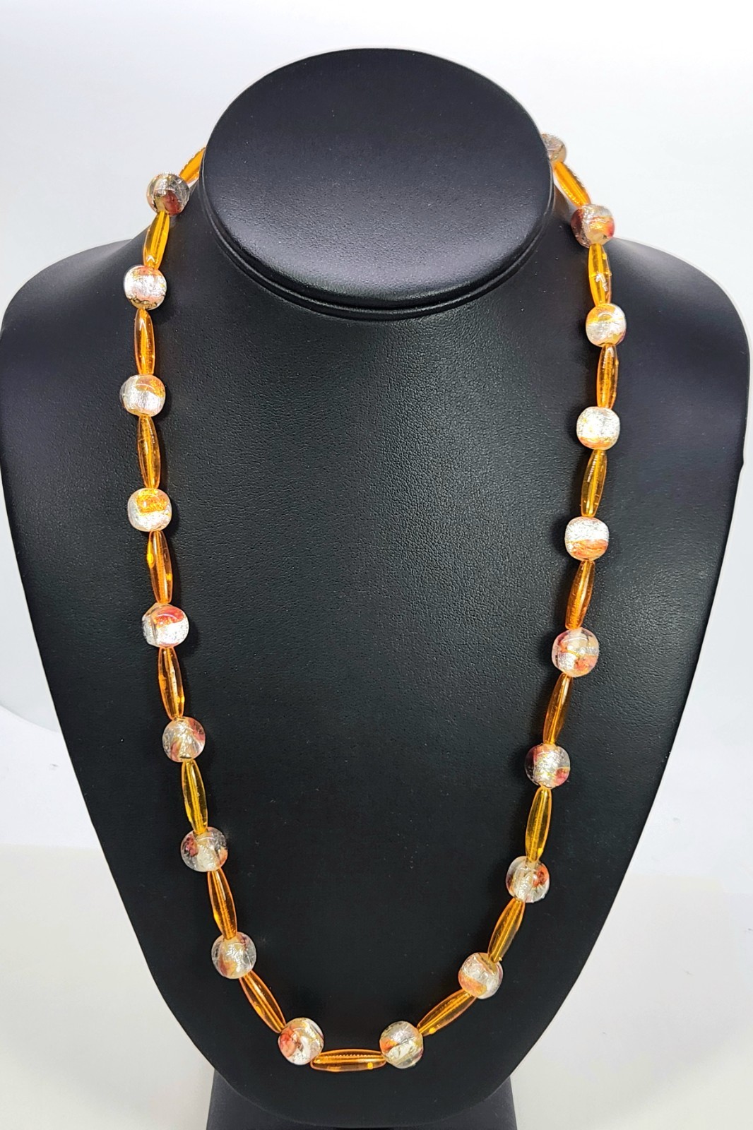 Art Glass Foil Bead Necklace Orange Silver Vtg Czech 23 Inch Oblong & Round