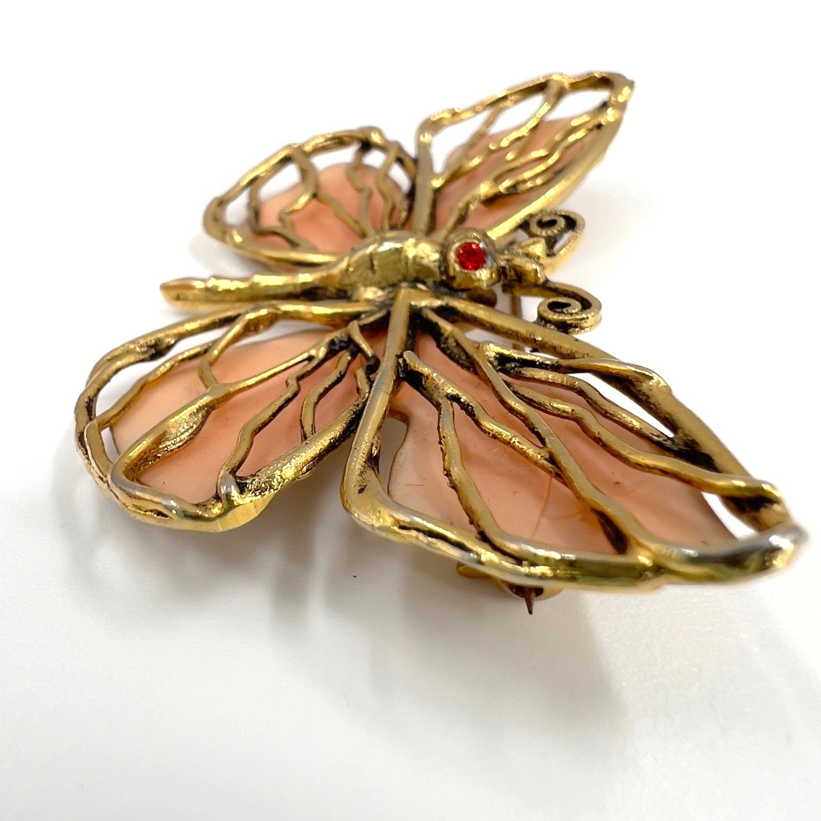 Vintage Butterfly Brooch Set Gold Tone Peach Pink Enamel Rhinestone 2pc