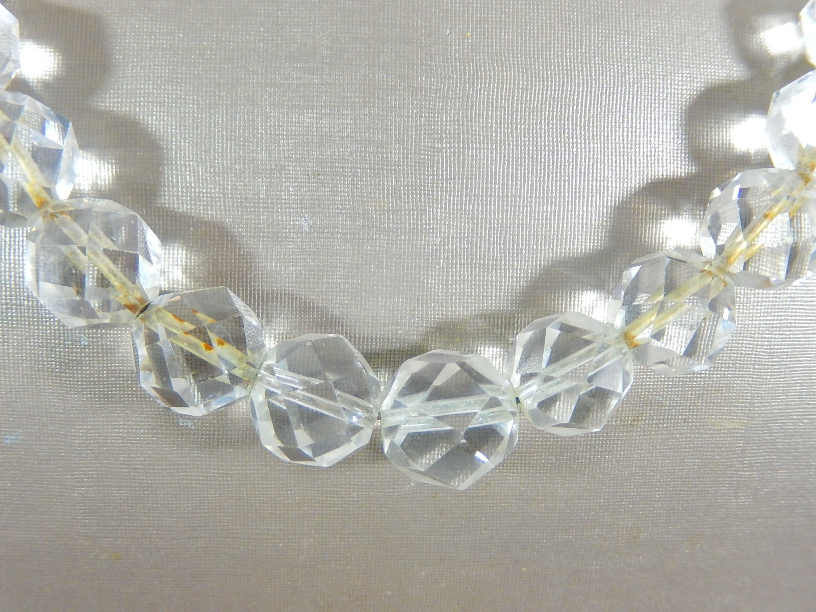 ANTIQUE ART DECO LARGE FACETED QUARTZ ROCK CRYSTAL BEAD STERLING 20″ NECKLACE