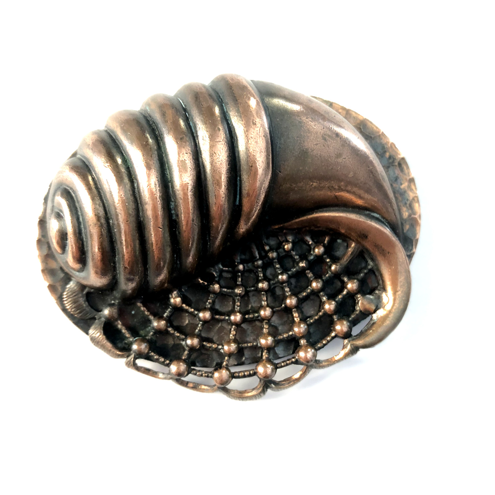 VTG Bronze/Copper Tone SEASHELL BROOCH Oval 2 3/8″ wide Embossed Unique Rare
