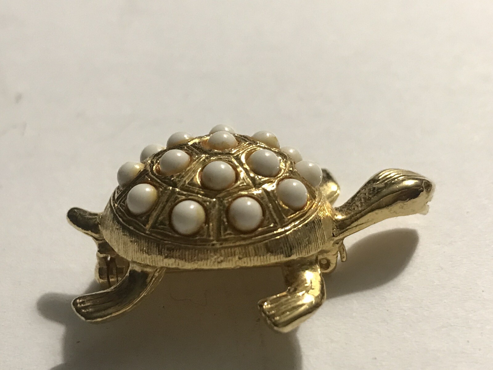 3D Tortoise Turtle Gold w/white Seed Beads BROOCH JEWELRY Vintage 1-1/2” Pin
