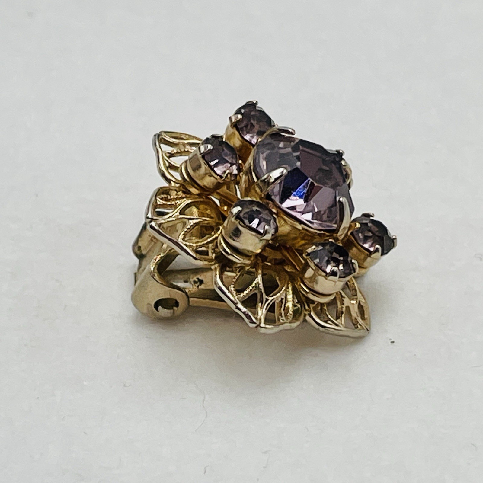 Purple Rhinestone Floral Cluster Clip on Earrings Lacy Gold Tone Metal VTG