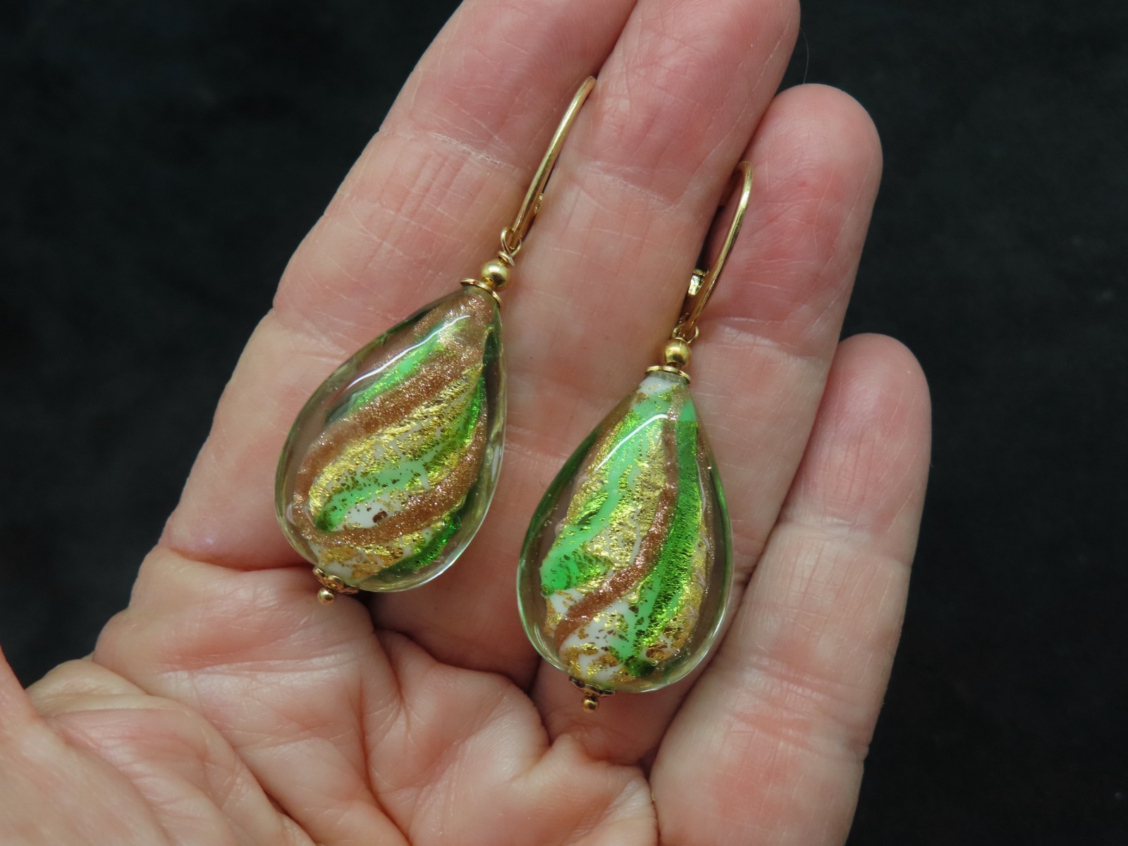 Vintage Sterling Wires w/Gold Wash Art Glass Dangle Pierced Earrings