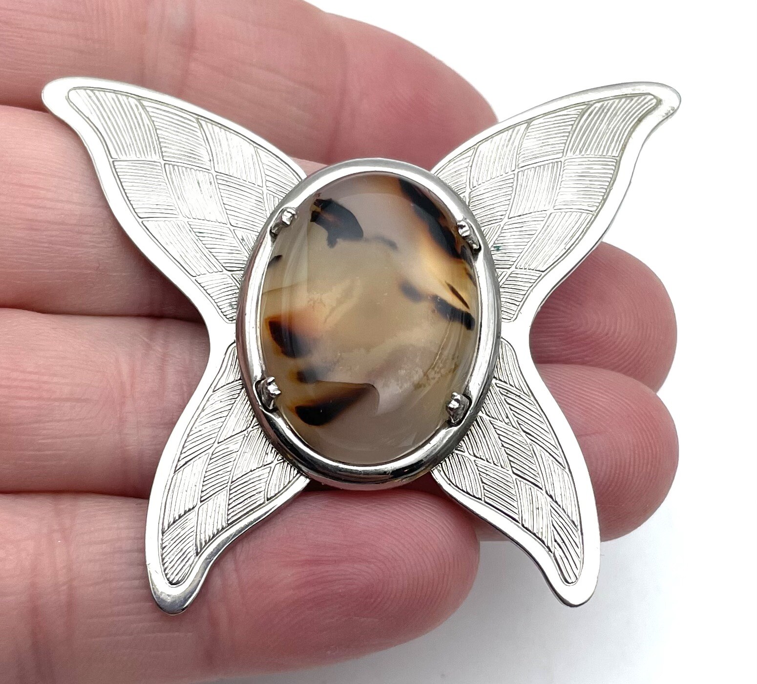 Butterfly Shaped Brooch Silver Tone Etched MONTANA MOSS AGATE cab VTG 2 1/8” L