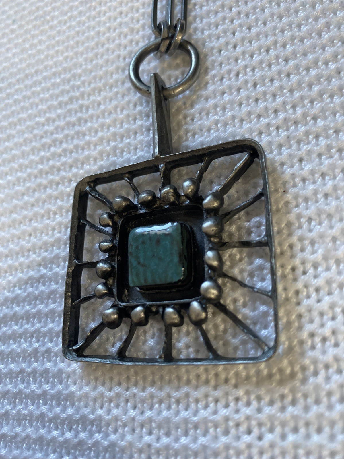 LYSGARGS DESIGN Mid-Century Modernist Pewter & Aqua Ceramic Pendant Necklace #56