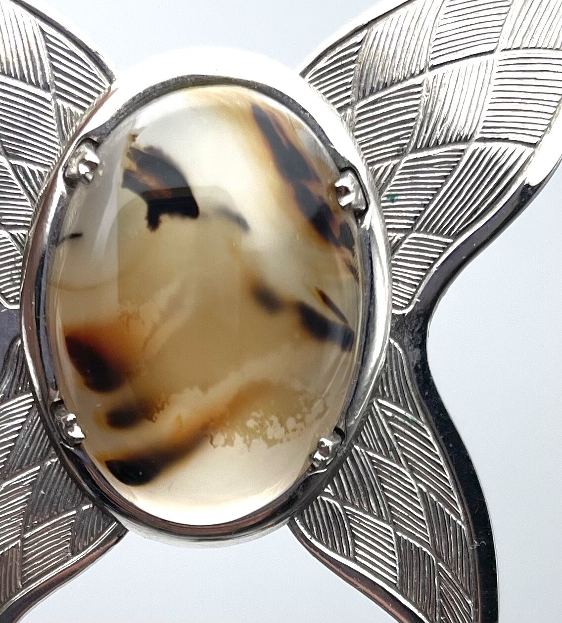 Butterfly Shaped Brooch Silver Tone Etched MONTANA MOSS AGATE cab VTG 2 1/8” L
