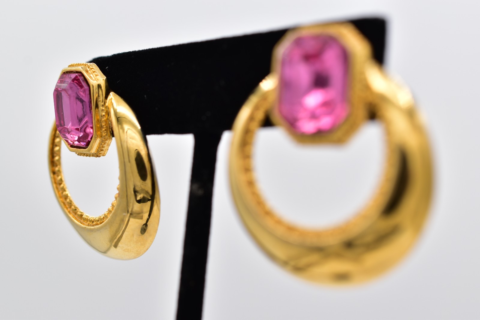 VIntage Pink Baguette Crystal Earrings Drop Dangle Gold Tone Chunky 1980s BinAI