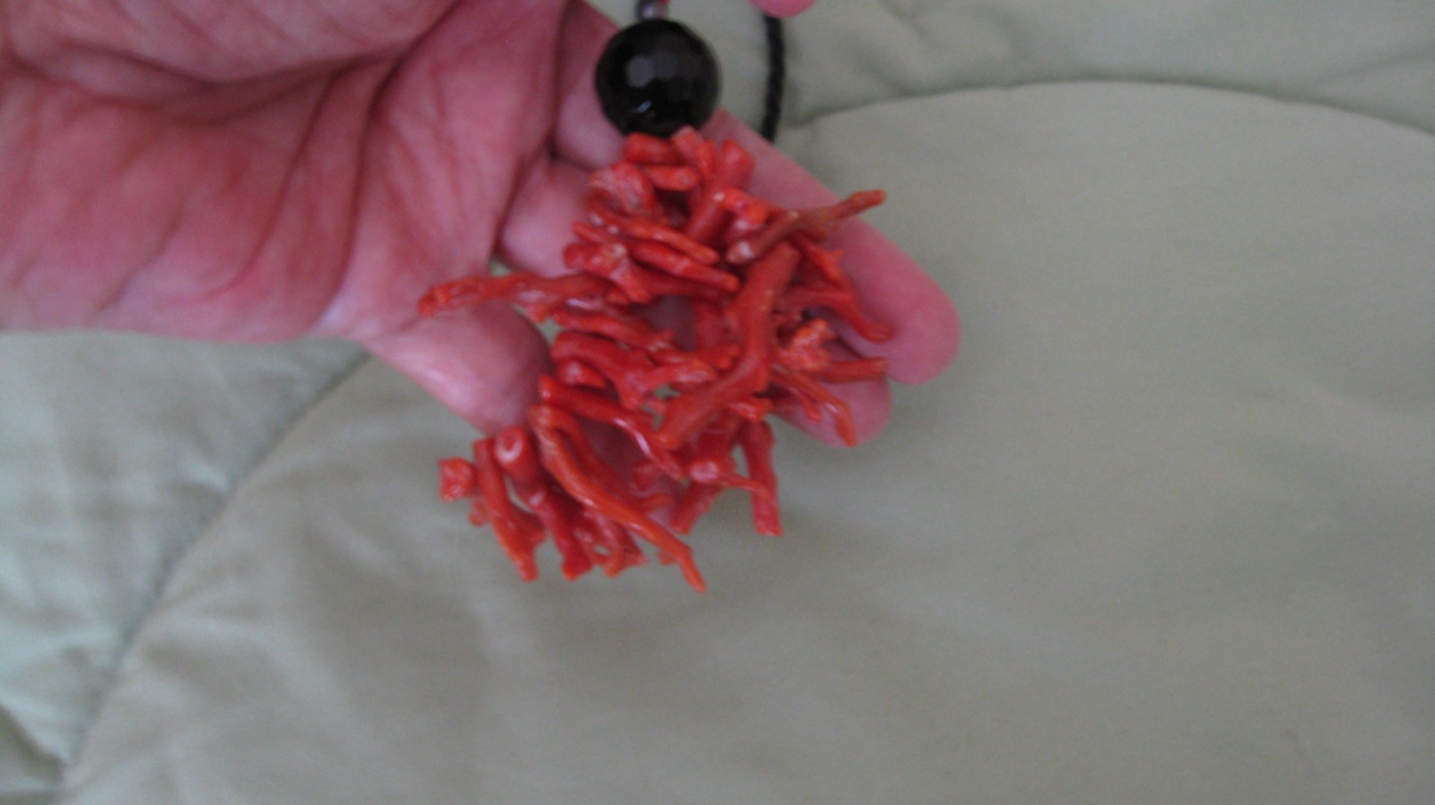 Vintage Branch of Coral Faceted Crystal or Onyx On Black Silk Cord Necklace NICE