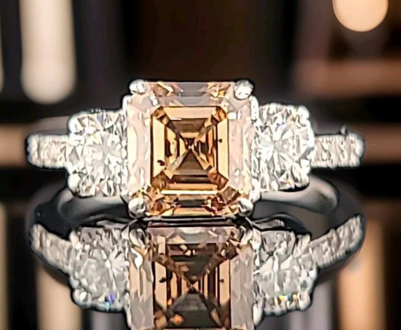 14k White Gold Vintage Engagement Ring 2.06ct. Champagne Diamond Asscher Cut