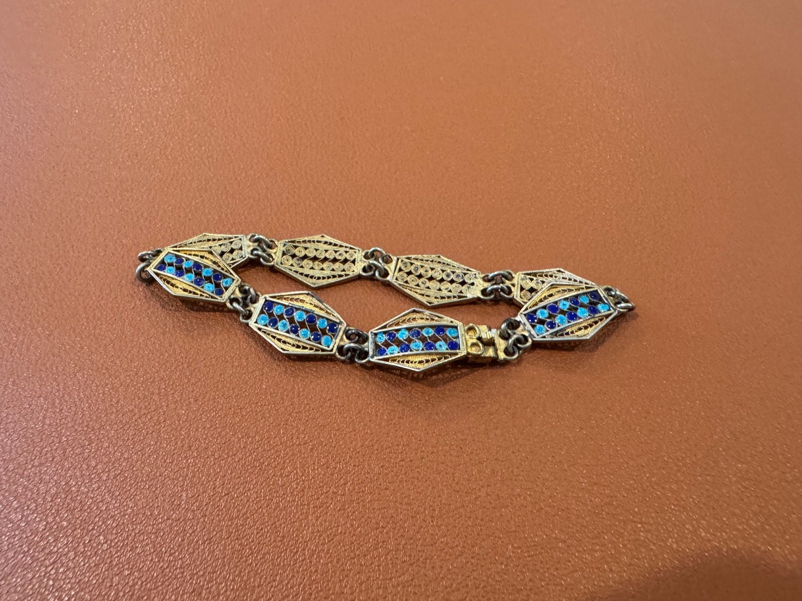 Vtg Antique 800 Silver Filigree Design Blue Enamel Bracelet w/ Gold Wash