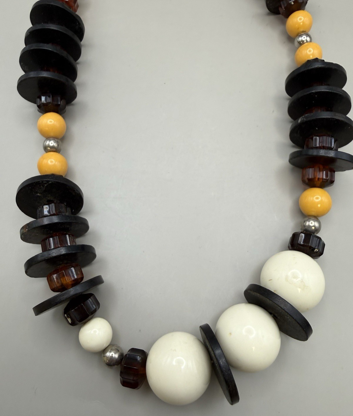 VTG Chunky Beaded Statement Necklace Cream , Amber Yellow , Black Mixed Beads