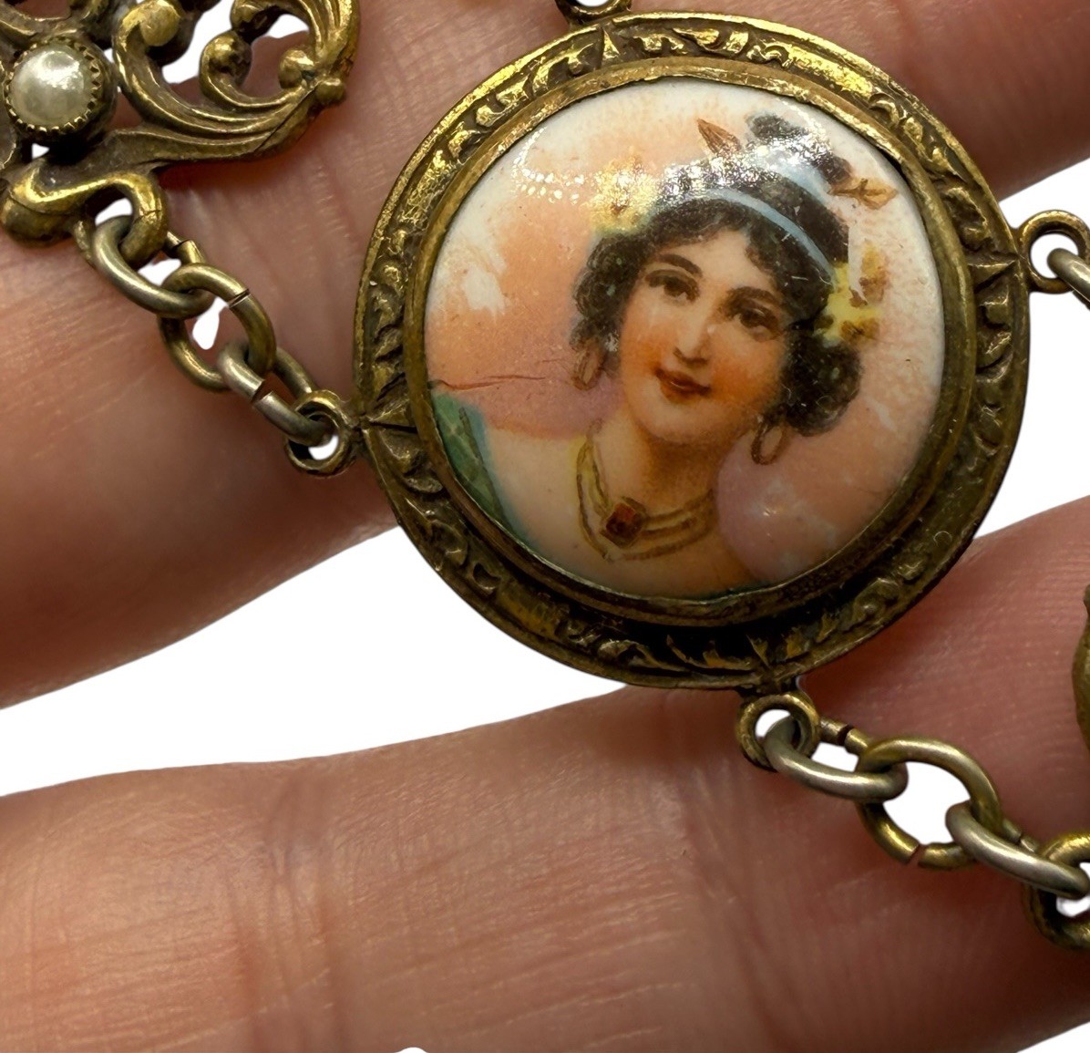 Antique Art Nouveau Austro Hungarian Lady Portrait Porcelain Bracelet Brass