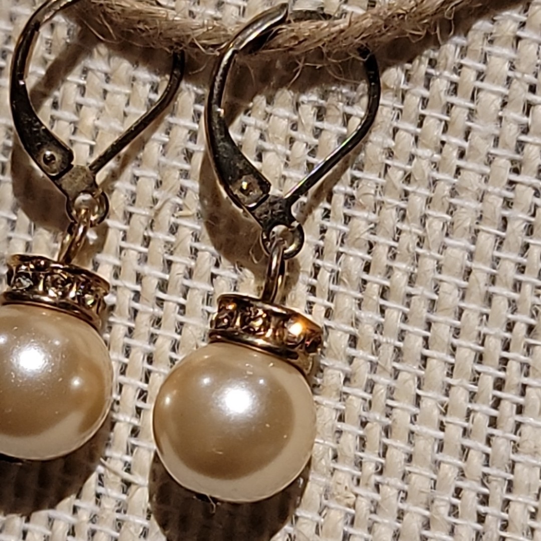 VTG Gold Tone Faux Pearl Rhinestone Rondelle Bead Earrings Dangle Classic Formal