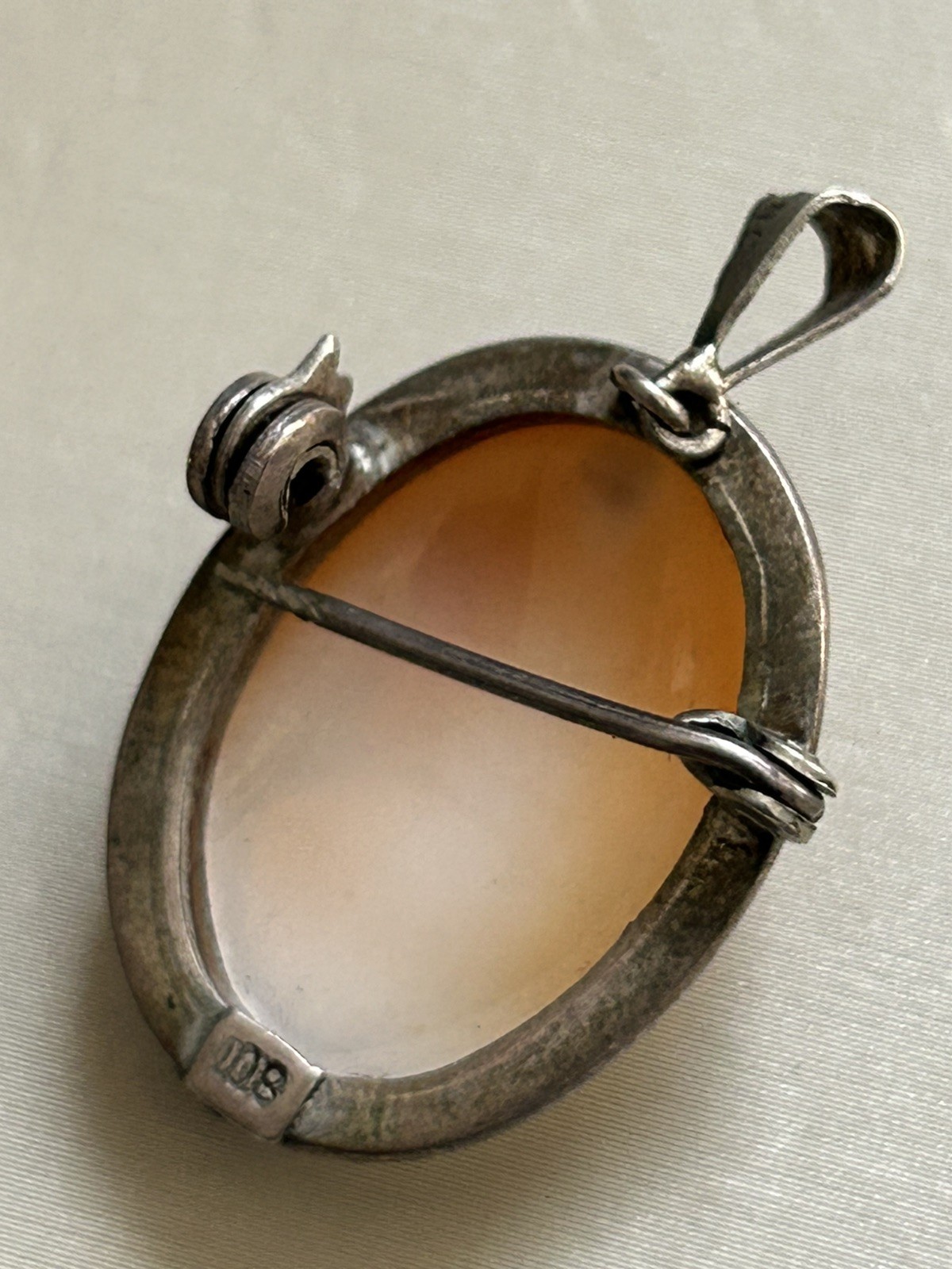 Antique 800 Silver Cameo Pendant Necklace W/Clip On Earrings & Brooch Pendant 2″