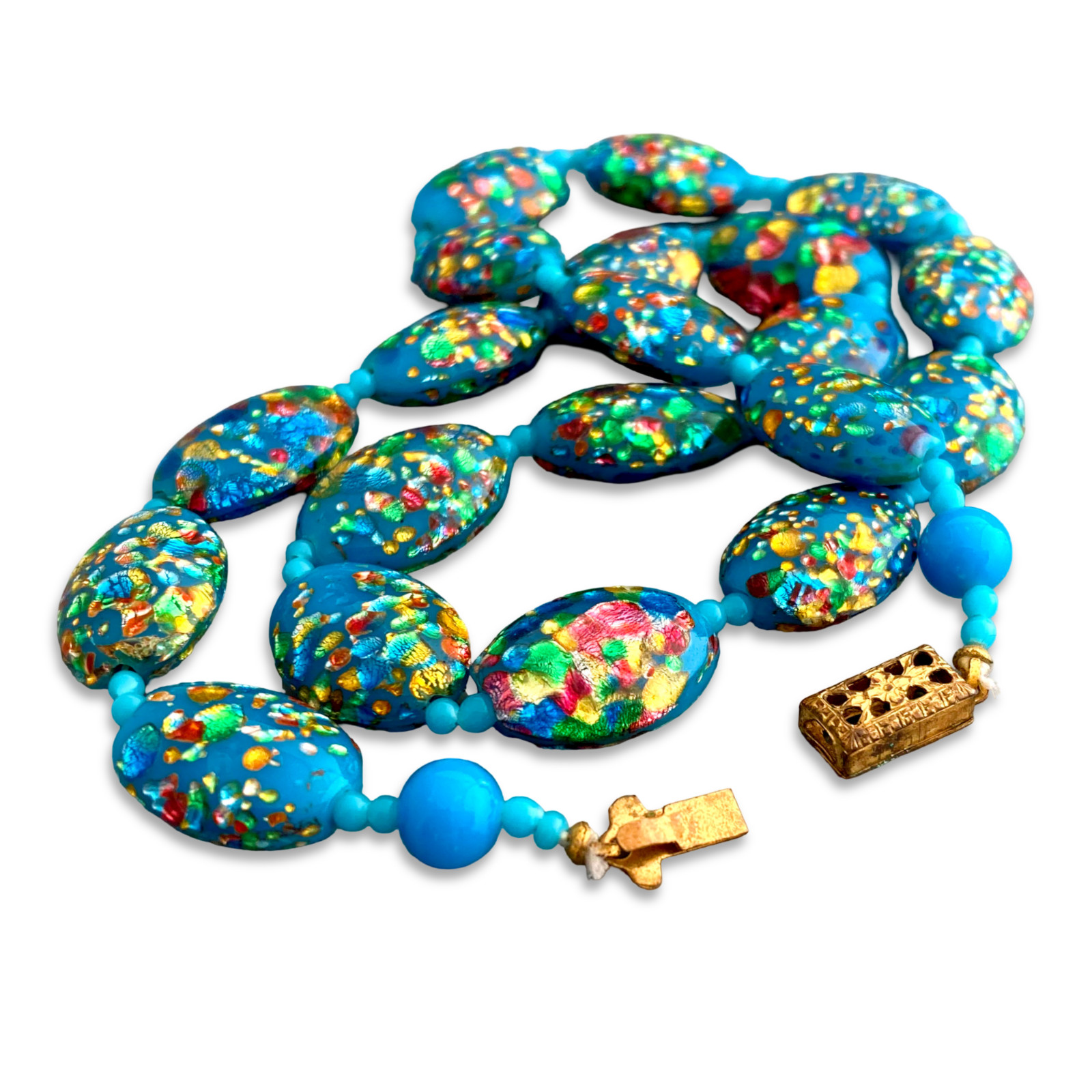 Vintage 1930s Art Deco Czech Blue Art Glass Foil Splatter Bead Choker Necklace