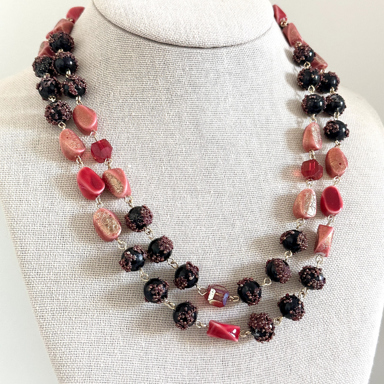 Vintage Red Crystal & Acrylic Beaded Double Row 2 Strand Adjustable Necklace