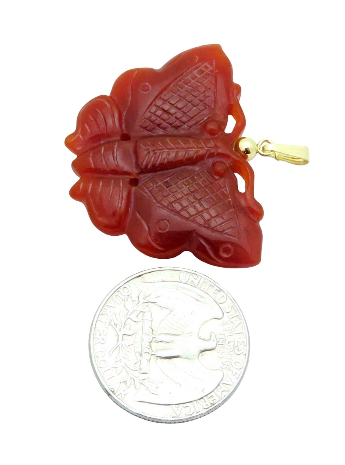 Vintage 14K Yellow Gold Natural Red Jadeite/Jade Carved Butterfly Pendant