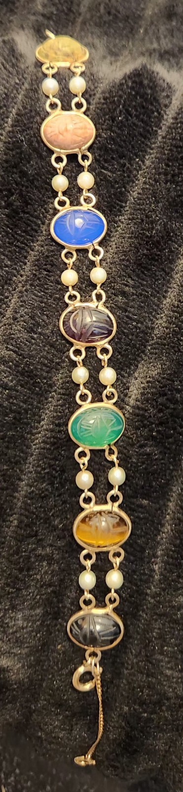 Vintage 12k GF Gold Filled bloodstone chalcedony Pearl Etc 7 Scarabs Bracelet 7â