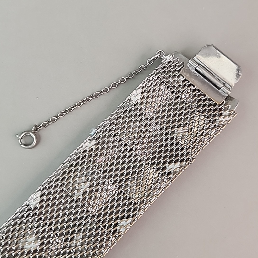 Vintage Wide Mesh Bracelet Silver Tone Wavy Panels 6.5″