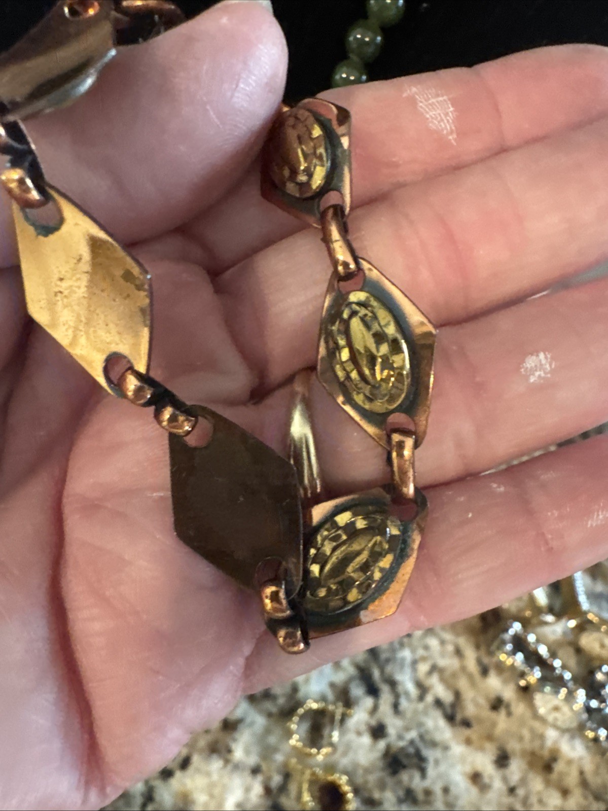 Vintage Copper Diamond Link Bracelet Textured Gold Tone Oval Accents Boho Retro