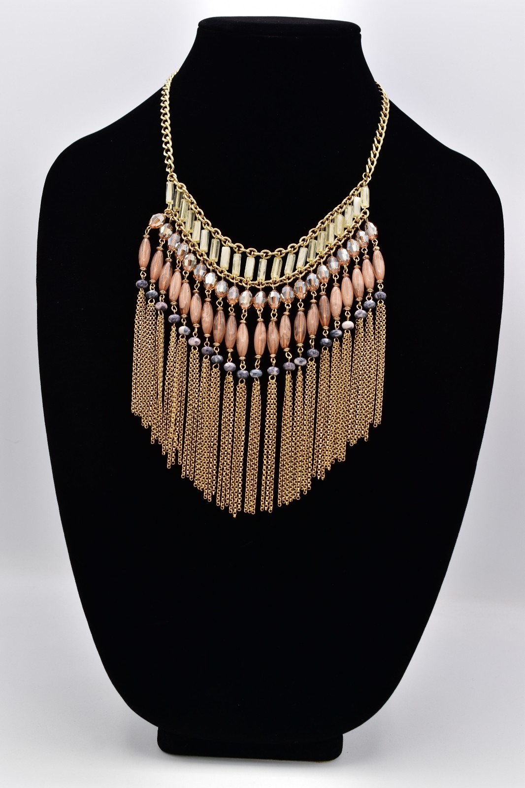 Vintage Fringe Statement Necklace Gold Peach Glass Beads Layered Boho Y2K BinBL