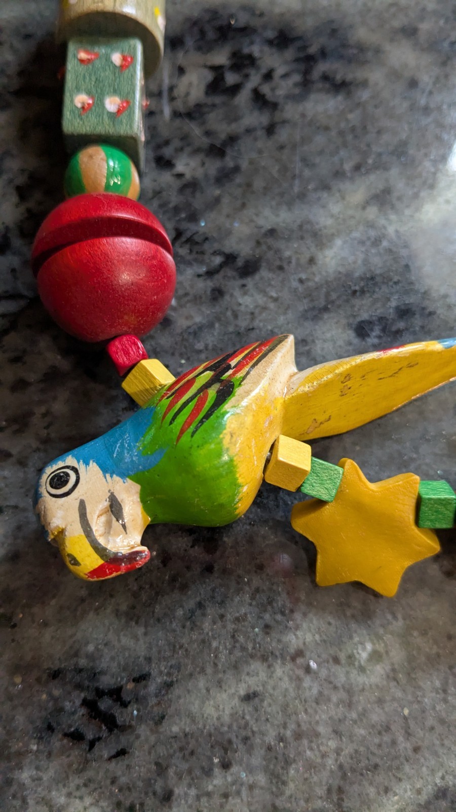 Vintage 1970 Parrot Carved Bird Tropical Theme Necklace Wood Beads Hand Painted