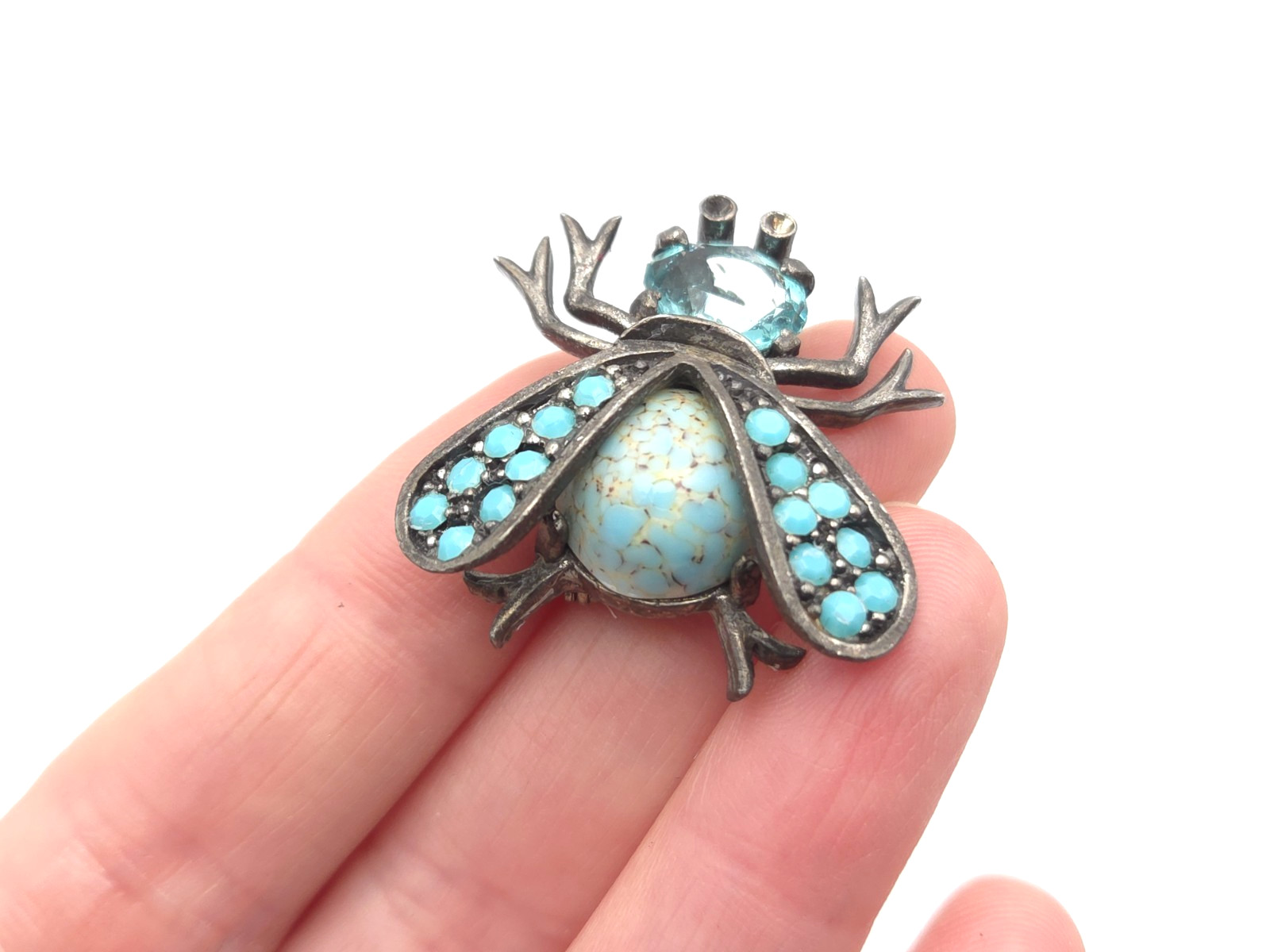 Vintage WEISS Blue Glass Rhinestone Faux Turquoise Bee Bug Beetle Brooch Pin