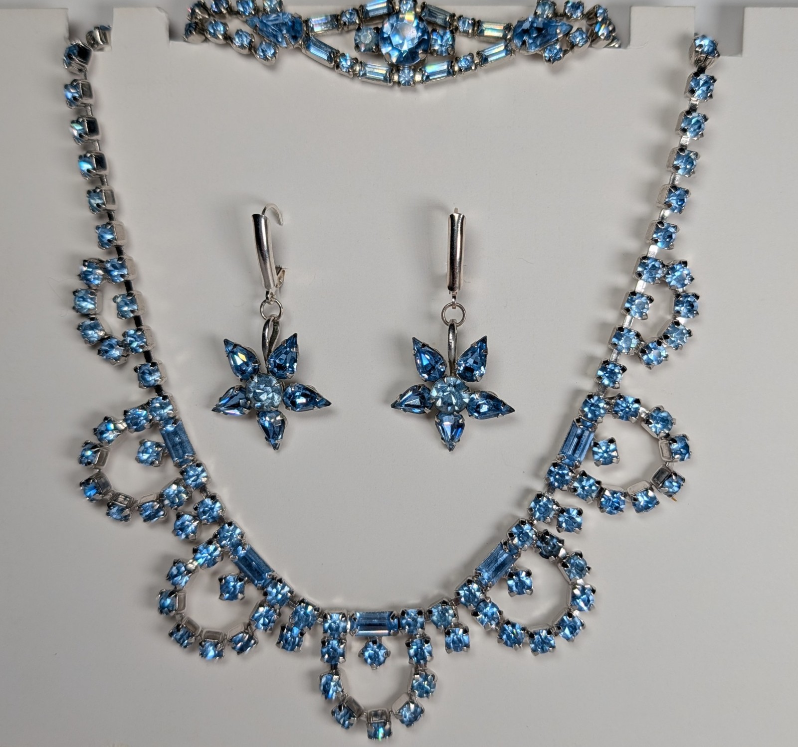 1950s Blue Rhinestone Jewelry Set Blue Rhinestone Necklace Earrings Bracelet